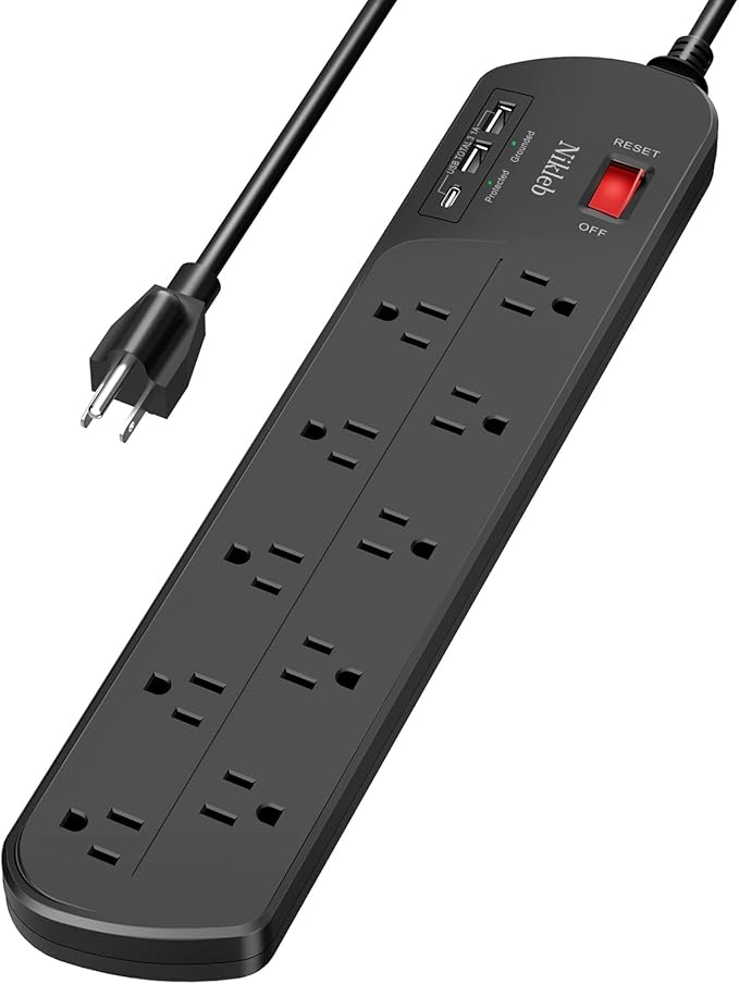 Multi Plug Outlet Surge Protector Nikleb, 12 Electrical Outlets Extender with 4 USB Charging Ports Total 4.8A, Wall Plug Expander 3 Prong for Room, Office, Gaming, Cord Organizer Accessories
