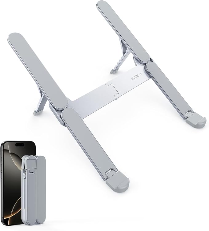 【Innovative & Ultra Compact】SODI Foldable Laptop Stand for Desk, Lightweight Portable Tablet Holder for Business Travel, Cafe, 6 Level Height Adjust Computer Holder for MacBook, Tablet 10-16"
