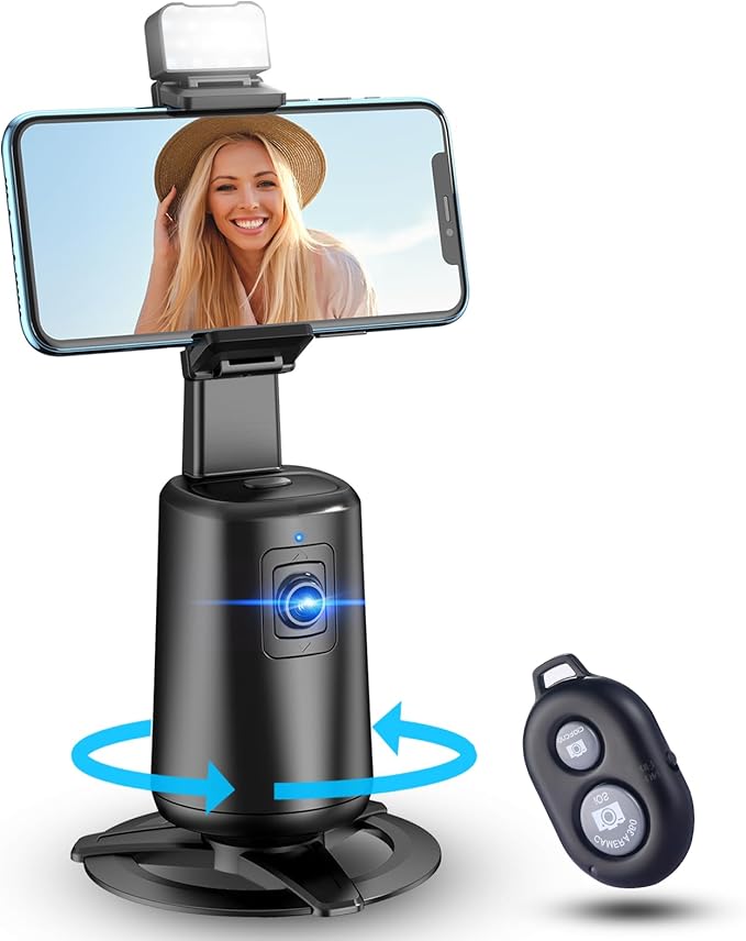 Auto Face Tracking Tripod 360° Rotating Cell Phone Photo and Video Kits Stand, No App, Camera Stand with Remote and Gesture Control, Rechargeable Smart Shooting Stand for Live Recording Tiktok(White)