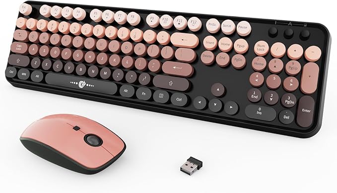 Wireless Keyboard and Mouse Combo, Retro Typewriter Style Round Keys, 2.4G Wireless Black and Grey Keyboard with Clicky Bubble Keys for PC Laptop and Desktop