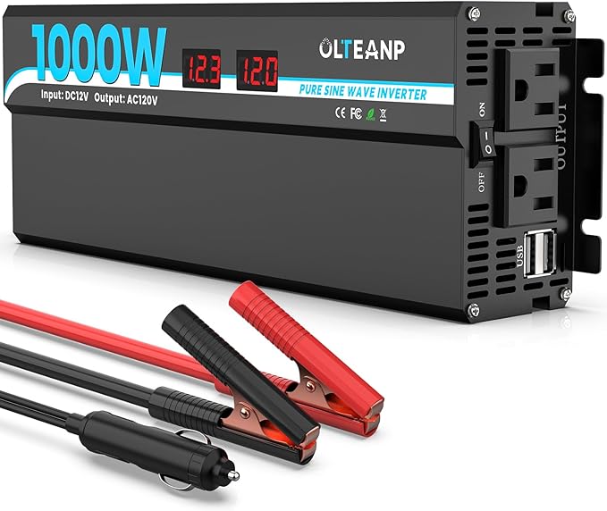 OLTEANP 600W Power Inverter Pure Sine Wave Inverter 12V DC to 120V AC Converter for Car, Truck, Home, Vehicles, Laptop, Car Inverter 12V to 110V with 2 AC Outlets, 2 USB Ports, LCD Display