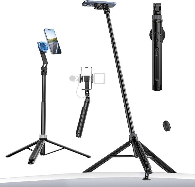 ULANZI TT88 Magnetic Tripod for iPhone 17, 57" Extendable Selfie Stick w Remote, 2-in-1 Phone Clip & Dual Cold Shoe Mounts-Lightweight Phone Tripod Stand for Vlogging, Travel, Video Recording