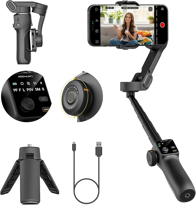 AOCHUAN Gimbal Stabilizer for iPhone & Android, 3-Axis Phone Gimbal with OLED Screen, 7.8" Extendable Rod, Face & Gesture Tracking, Ideal for Vlogging, Travel & Video Recording-Smart V8 White