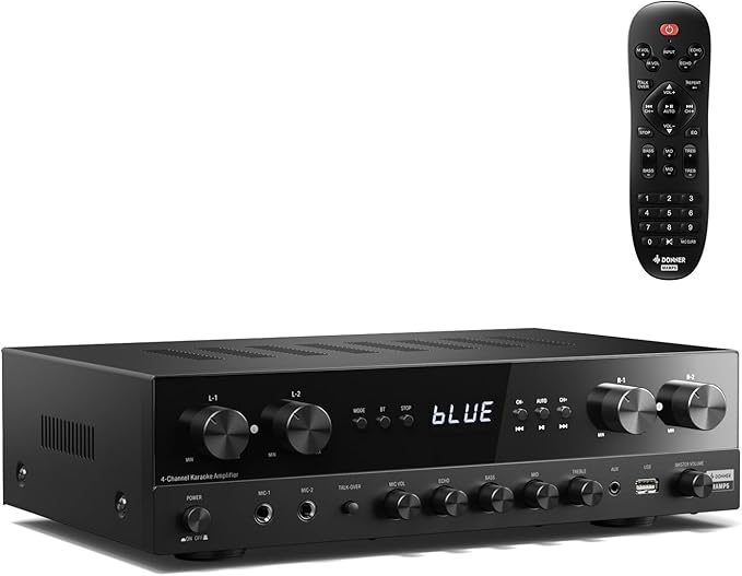 Donner Bluetooth 5.0 Stereo Audio Amplifier Receiver, 4 Channel 440W Peak Power Home Theater Stereo Receiver with USB, SD, FM, 2 Mic in Echo, RCA, LED, Speaker Selector for Studio, Home - MAMP5