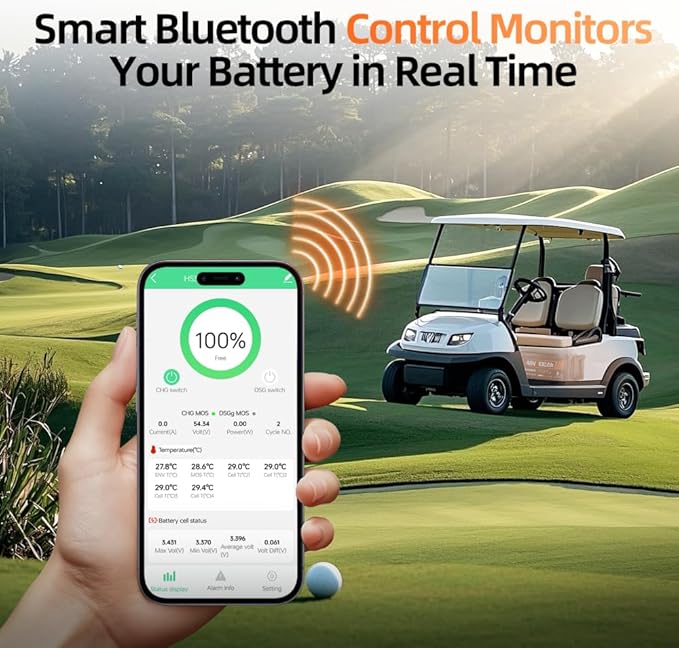 48V 100Ah LiFePO4 Golf Cart Lithium Battery Bluetooth with 48V 15A Charger, 5120Wh Golf Cart Deep Cycle Battery, Built-in 200A BMS
