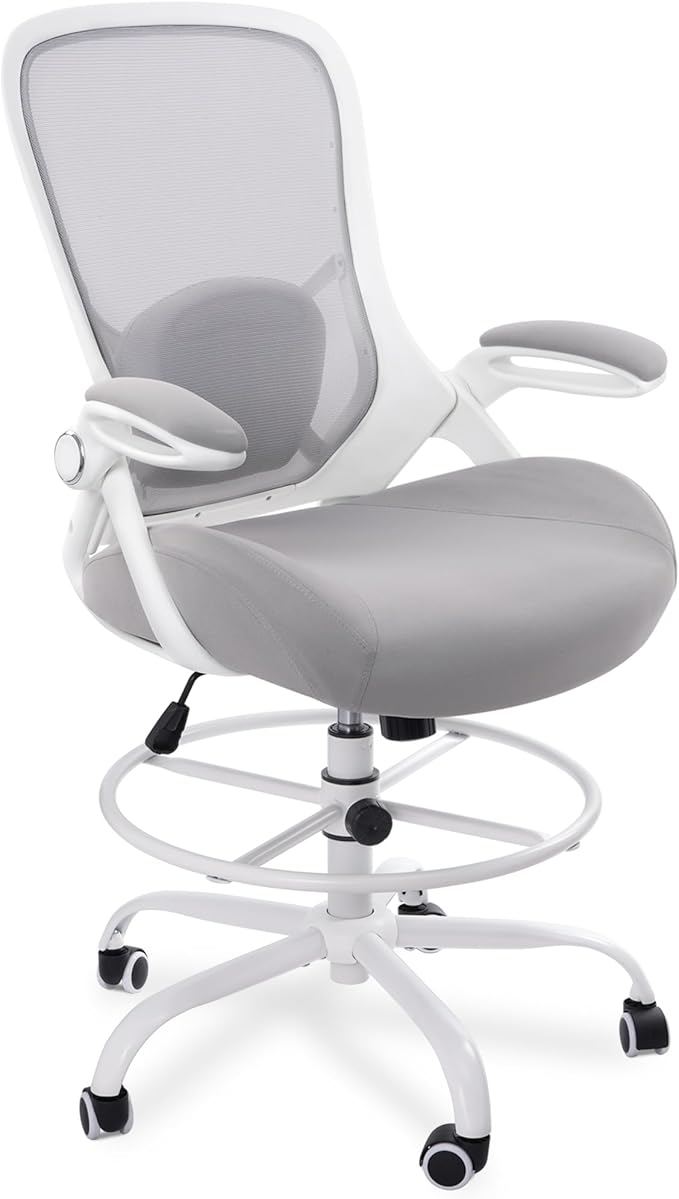HYLONE 400lbs Heavy Duty Drafting Chair 5" Thickened Seat Office Chair with Flip-Up Armrests Tall Ergonomic Computer Chair with Lumbar Support and Adjustable Footrest Ring Standing Desk Chair(Grey)