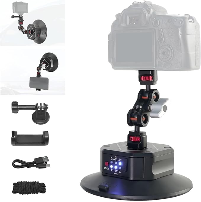 CNC Machined 3in Camera Suction Cup Mount with Adjustable Magic Arm, 1/4" ARRI Holes Quick Release Car Mount with Phone Holder & Action Camera Adapter Compatible with DJI OSMO Pocket 3 Insta360 iPhone
