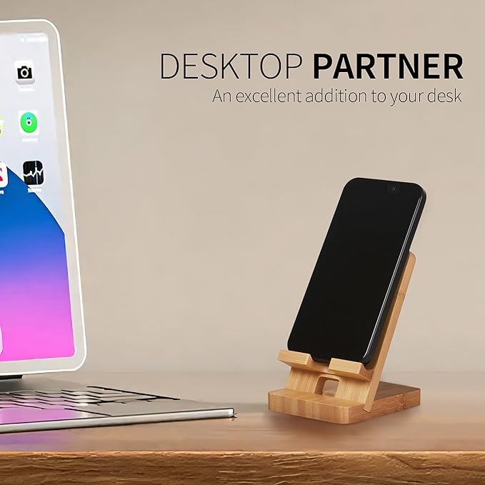 Wood Phone Stand, Desktop Wooden Phone Holder, Portable Office Phone Stand for Desk, Wood ipad Stand, Compatible with iPhone & All Cell Phones (Bamboo)