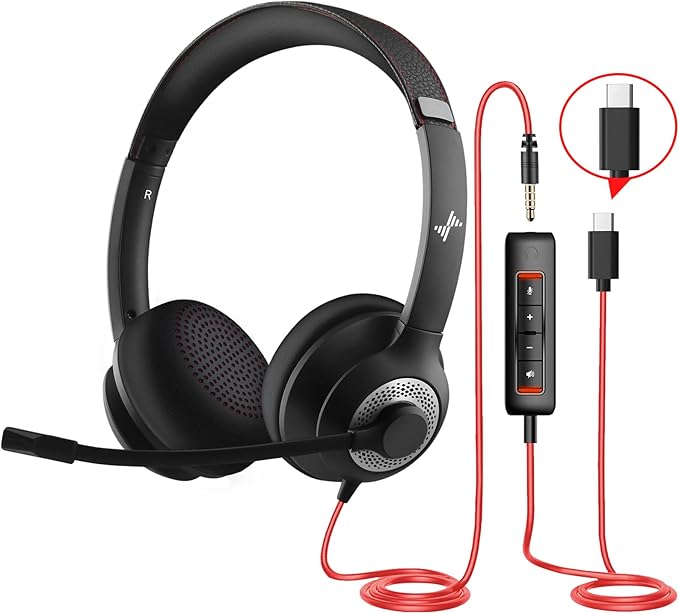 JIAMQISHI USB Headset with Microphone for PC, On-Ear Computer Laptop Headphones with Noise Cancelling Mic in-line Control for Home Office Online Class Zoom (USB+3.5mm