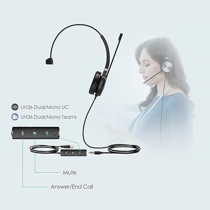 Yealink UH36 Professional USB Headset Wired Headphones for Work Calls and Music, Headset with Noise Cancelling Mic for Computer PC Laptop(UC Compatible, Mono,3.5mm Jack/USB Connection)
