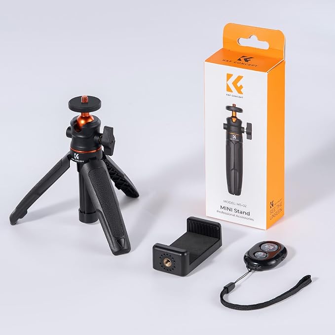K&F Concept Selfie Stick Tripod, 360 Degree Rotation Mini Phone Stand with Ball Head and Cold Shoe Mount, Cellphone Holder with Wireless Remote for Smartphone Black