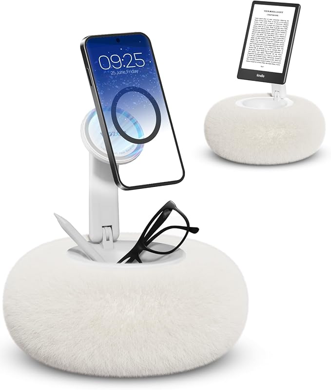 Viozon Phone Holder for Bed, Magnetic Pillow Stand, Compatible with 4-7" Phone/Kindle with Small Storage, Removable Suction Base for Stability, Idea for Kindle Reading and Video Watching On Bed