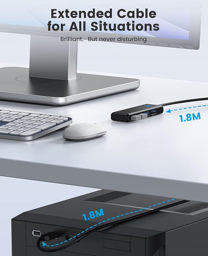ORICO USB 3.0 Hub, 4-Port USB Hub with Long Cable, Ultra Slim USB Splitter for Laptop MacBook Pro, iMac, Surface Pro, XPS, PS5,PC, Flash Drive, Mobile HDD (Black/6ft)