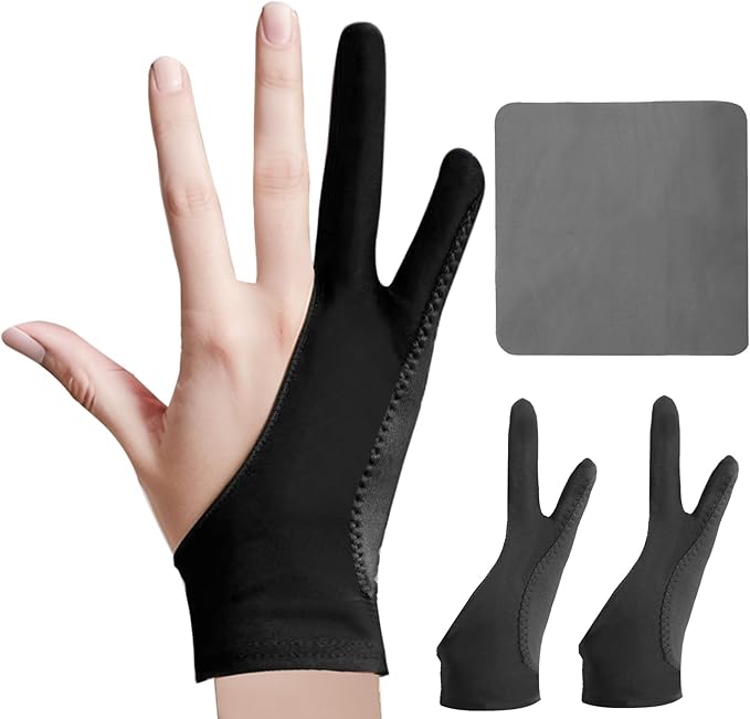 Digital Drawing Glove: 3-Layer Palm Rejection, Two-Finger Artist Glove for Drawing Tablet, iPad, Paper Sketching, Fits Left and Right Hand, Includes Cleaning Cloth(2 Pack,Black