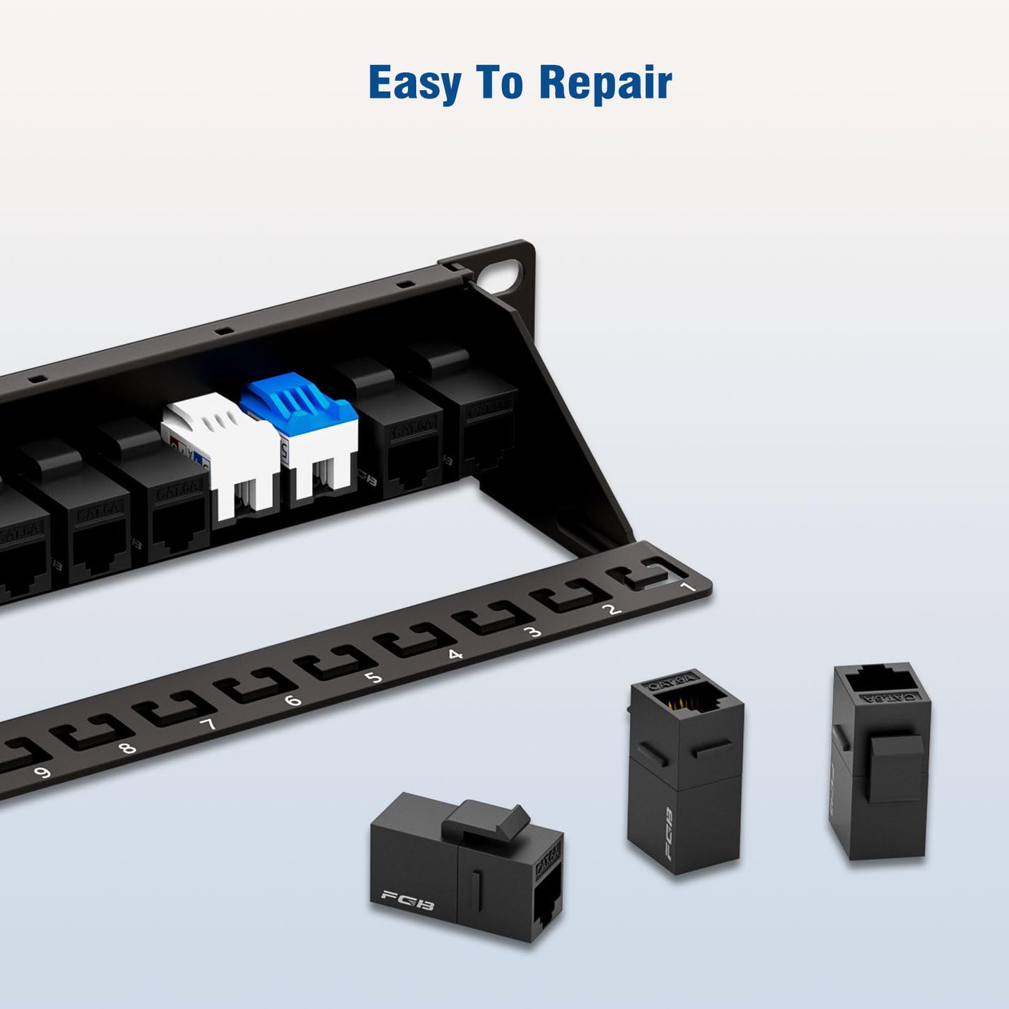 FGB 24 Port Cat6A Keystone Patch Panel, 19" Rackmount or Wall Mount, 1U with Back Bar, Network Patch Panel for Gigabit Ethernet