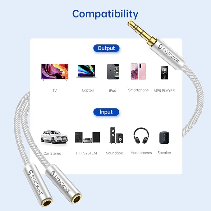 SYNCWIRE Headphone Splitter, Nylon-Braided 3.5mm Extension Cable Audio Stereo Y Splitter (Hi-Fi Sound), 3.5mm Male to 2 Ports 3.5mm Female Headset Splitter for Apple, Samsung & More (No Mic) - Silver