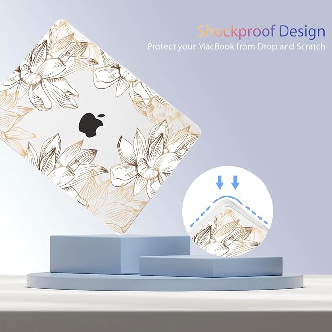 Teryeefi for MacBook Air 13 inch Case M1 2021 2020 2019 2018 Release (A2337 A2179 A1932 Retina Display with Touch ID), Plastic Hard Shell Case & Keyboard Cover & Screen Protector, W-Gold Flower Line