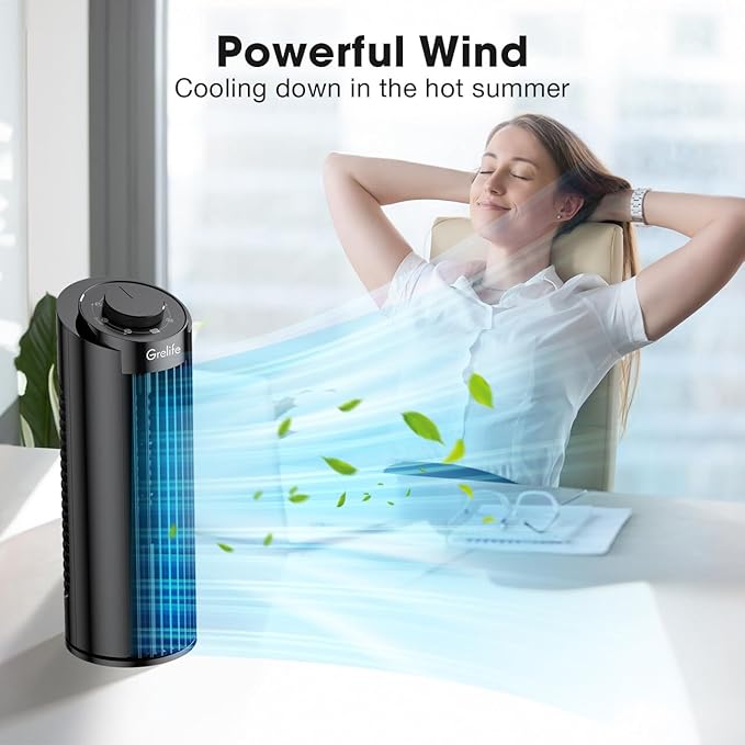 Grelife 13" Electronic Tower Fan with Remote Control, 3 Speed & 3 Modes, 90° Oscillation, LED Display, 7.5H Timer, Quiet Bladeless Cooling – Portable Space-Saving for Bedroom Office, Home