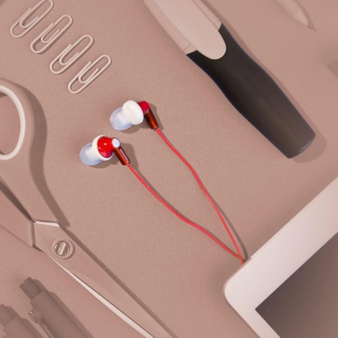 Panasonic ErgoFit Wired Earbuds, 3.5mm Jack In-Ear Headphones Wired with Dynamic Crystal-Clear Sound and Ultra Soft Ergonomic Custom-Fit Earpieces (S/M/L), for Phones and Laptops - RP-HJE120-R (Red)