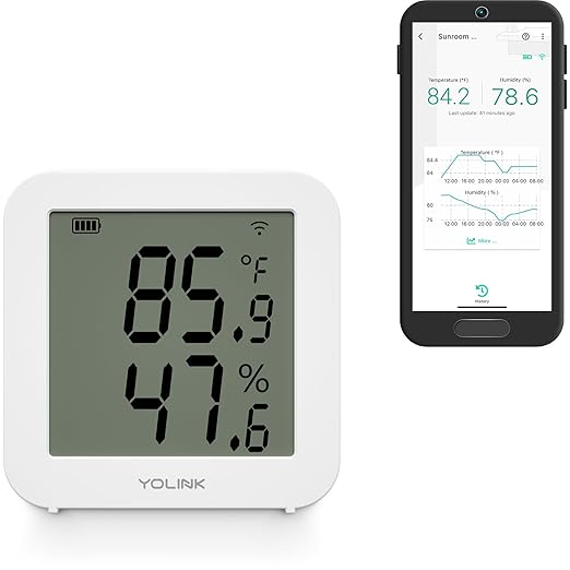 YoLink Indoor Hygrometer Thermometer, 2-Year Data Storage Export, Advanced Offline Storage, LoRa Tech, App Push, Email, SMS, Hub Required