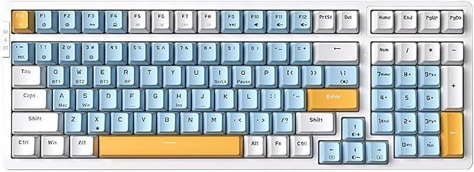 Merdia Wireless Mechanical Keyboard, Triple Mode 2.4G/USB-C/BT Gaming Keyboards 100 Keys Ice-Blue Backlit, Brown Switch Keyboard | Rechargeable Mechanical Gaming Keyboards | Blue/White/Yellow