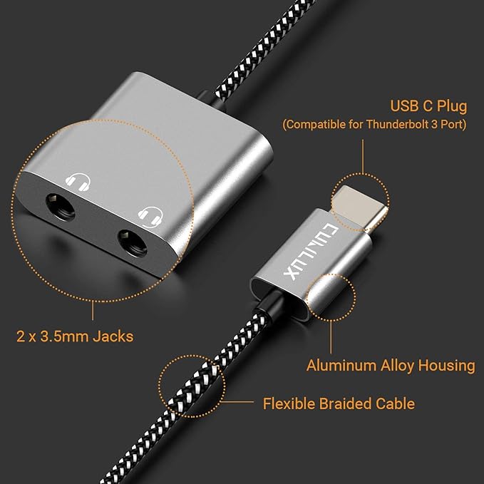 Cubilux USB C Dual Headphones Splitter, Type C to Double 3.5mm Audio Splitter, 2-Way Earphone Adapter for Android Phone, Tablet