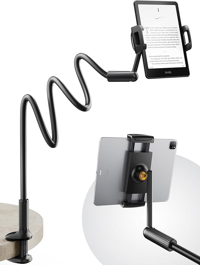 SAIJI Gooseneck Tablet Holder for Bed, One-Hand Adjustable, 47" Length, Upgraded Base, iPad Holder Stand Flexible Lazy Arm, Compatible with iPad/iPhone/Kindle/Switch or Other 4.7-13" Device (White)