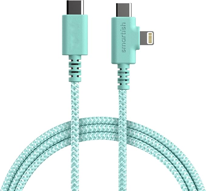 Smartish USB-C/Lightning Cable 17/16/16e/15/14 - Crown Joule - 6Foot Universal Fast Fabric Wrapped Charging Cable w/Micro-USB - MFi Certified 13/12/SE/iPad/AirPods/Android - Black