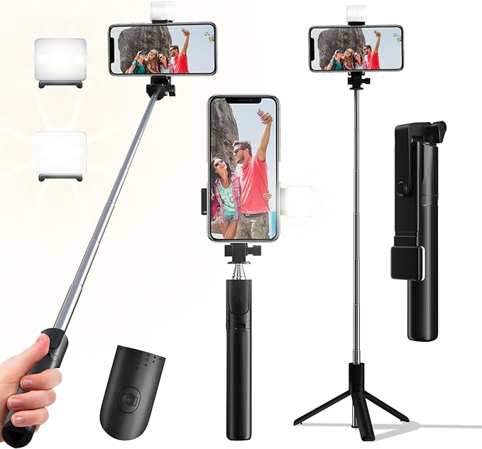 Selfie Stick Tripod, 40 in Retractable Tripod for iPhone with Wireless Remote Control & Light, Portable Phone tripods for Photograph, Live Streaming, Video Recording, Compatible with All Cellphones