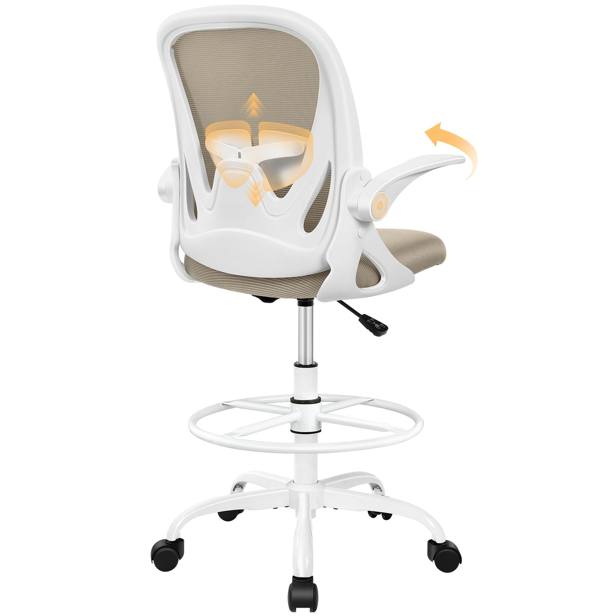 Drafting Chair Tall Office Chair with Flip-up Armrests, Adjustable Height, and Enhanced Lumbar Support - Ergonomic Rolling Stool, Back Support, and Adjustable Foot Rest Ring Light Blue