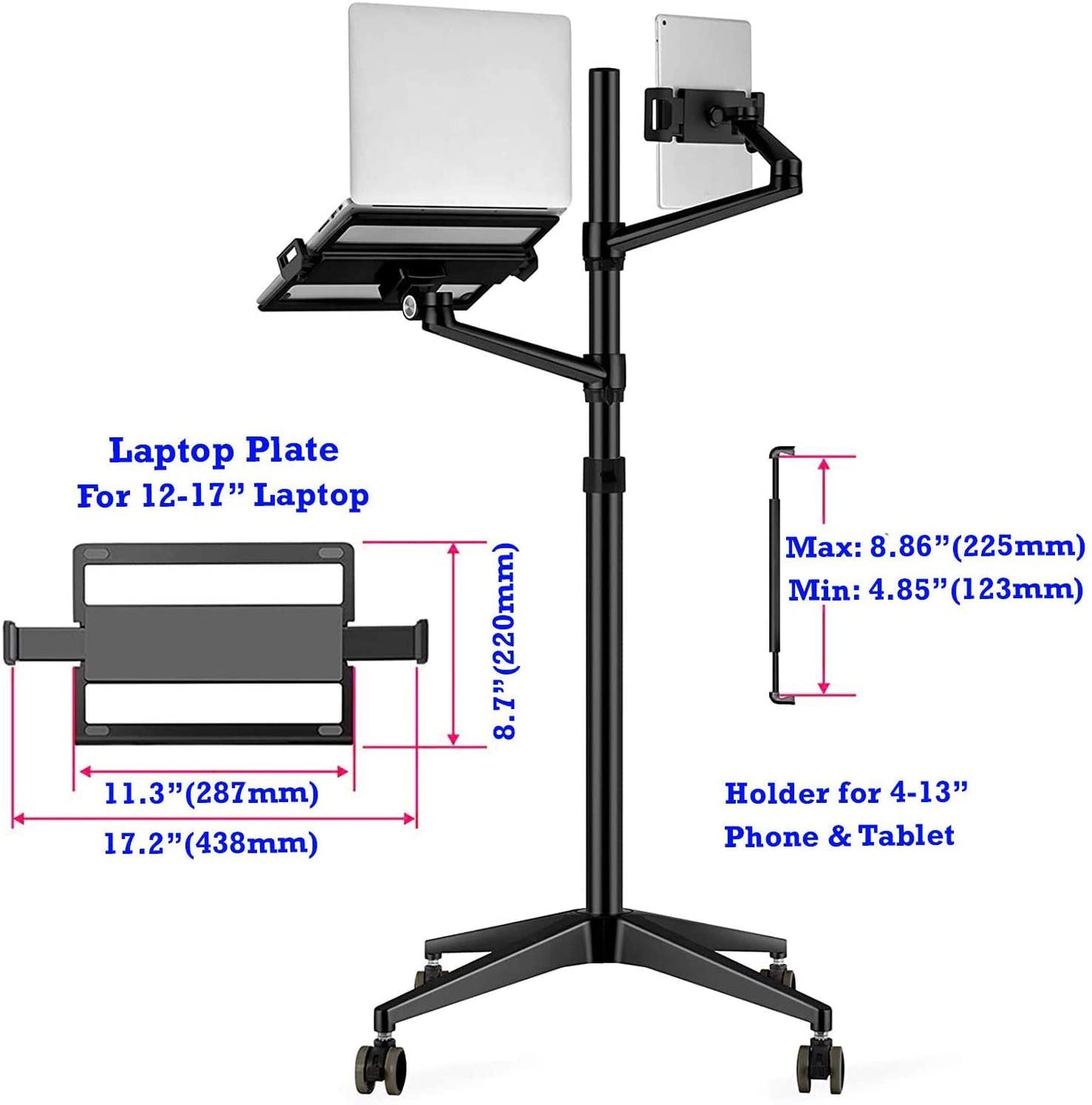 MagicHold Triple arm Height Adjustable Stand Mount with Rolling Wheel for Laptop(11-17 inch) and Compatible with ipad iPad pro 12.9 inch/Tablet/Ereader (Black)