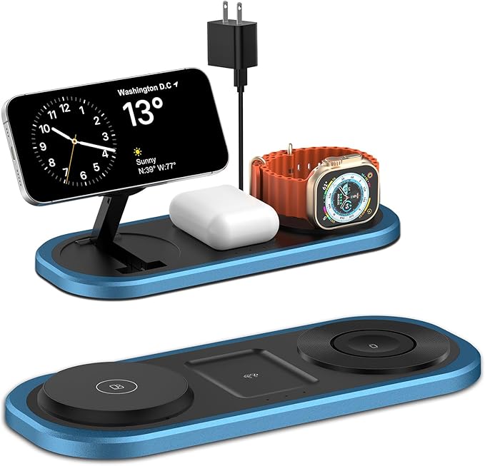 3 in 1 Fast Wireless Charger Stand for iPhone, Foldable Travel Charging Station for Magsafe for iPhone 17/Air/16/15/14/13/12 Series, Apple Watch Series, AirPods pro/2/3/4