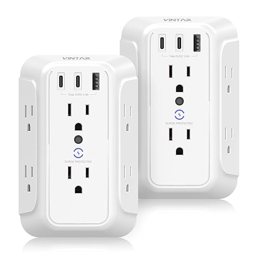 VINTAR 2 Pack Outlet Extender, 6 Outlets Wall Plug with 3 USB(2 USB C,3.4A)