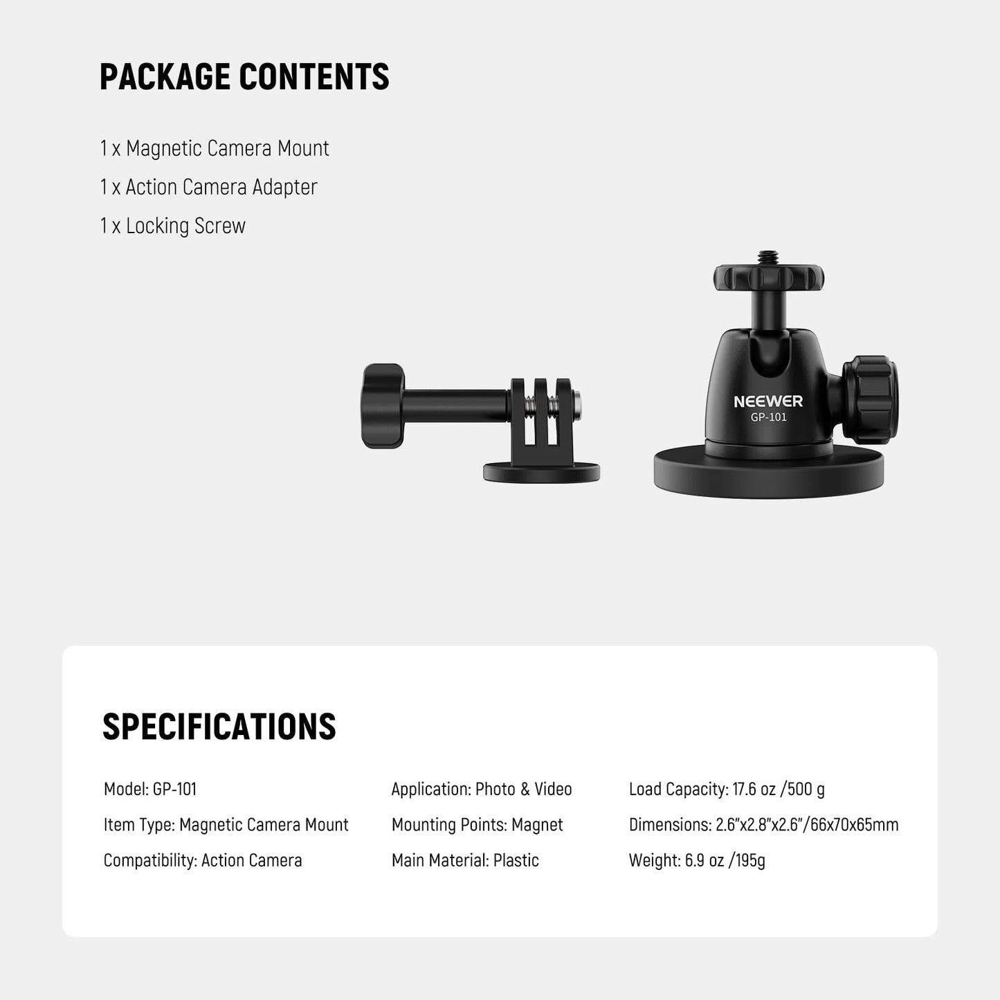 NEEWER Basics Magnetic Camera Mount for Action Camera Compatible with GoPro Insta360 DJI AKASO Accessories, Strong Magnet 360° Ball Head Mount for Car Video Recording Live Streaming, GP-101