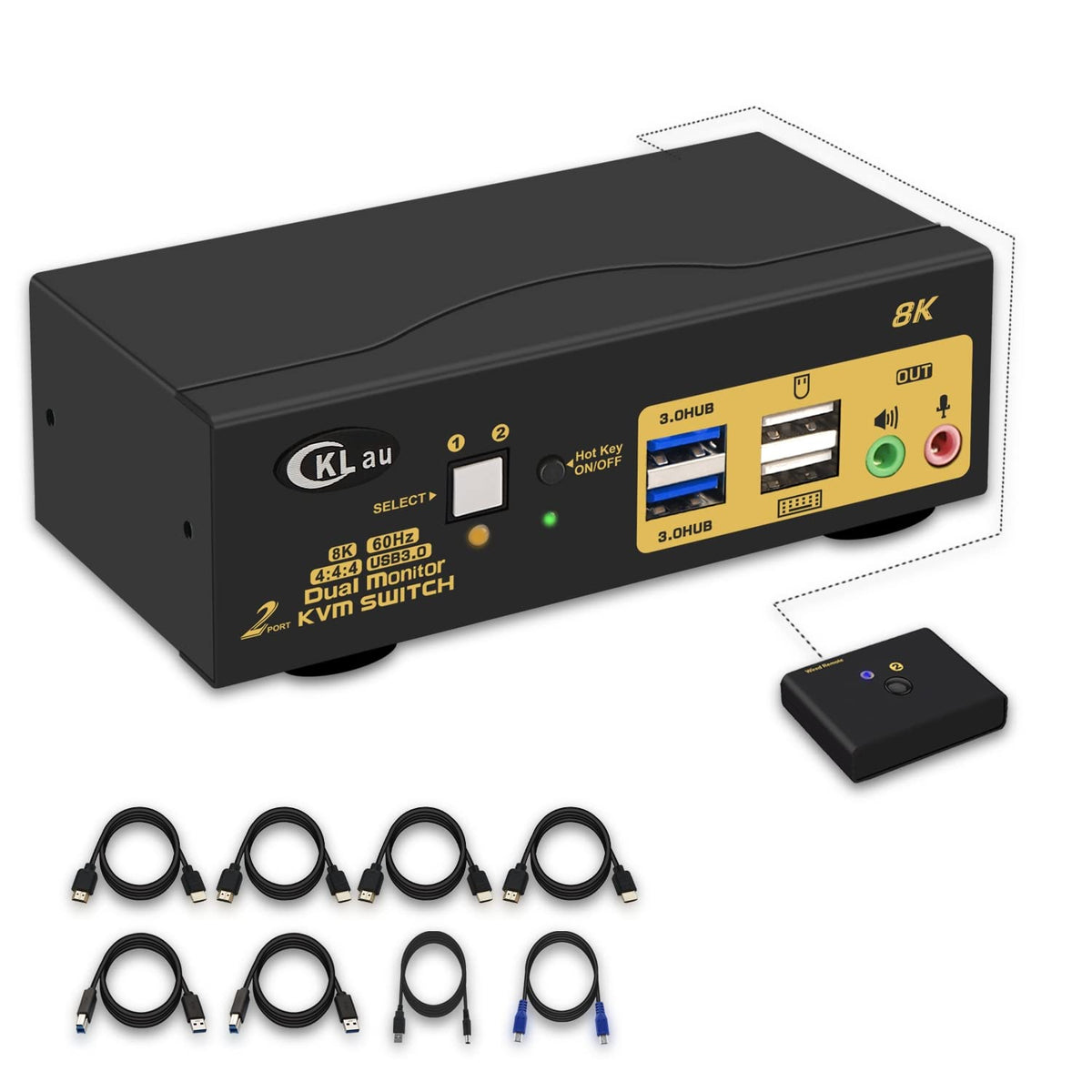 CKLau 2 Port USB 3.0 Triple Monitor KVM Switch HDMI 2.1 8K@60Hz 4K@144Hz with Audio and All Input Cable for 2 Computers 3 Monitors Supports Hotkey Switching