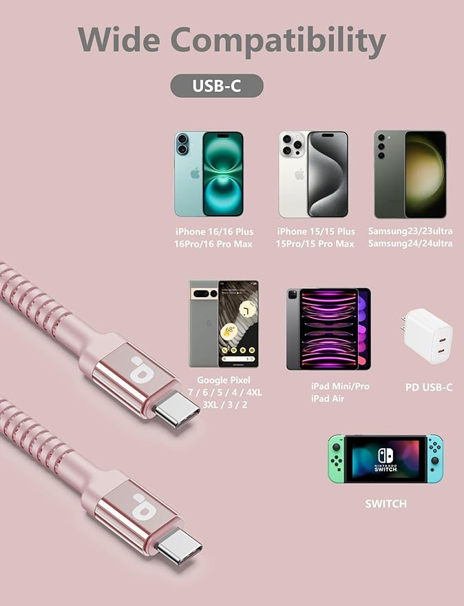 USBC Cable 10FT, 2Pack Long USBC Fast Charging Cable, Nylon Braided USB C to USB C iPhone Charger Cord Compatible with iPhone 16/15/Pro Max/Plus/Samsung Galaxy S23/LG/Switch-Pink