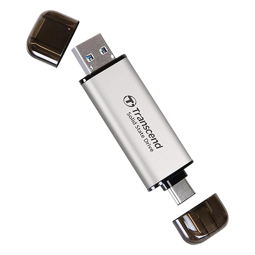 Transcend ESD310 512GB External SSD, Up to 1,050MB/s, Dual USB Flash Drive for iPhone/iPad/Mac/Windows/Android/Tablet/PC, USB3.2Gen2 Thumb Drive Photo Stick, 2-in-1 Type C &Type A Memory Stick-Silver