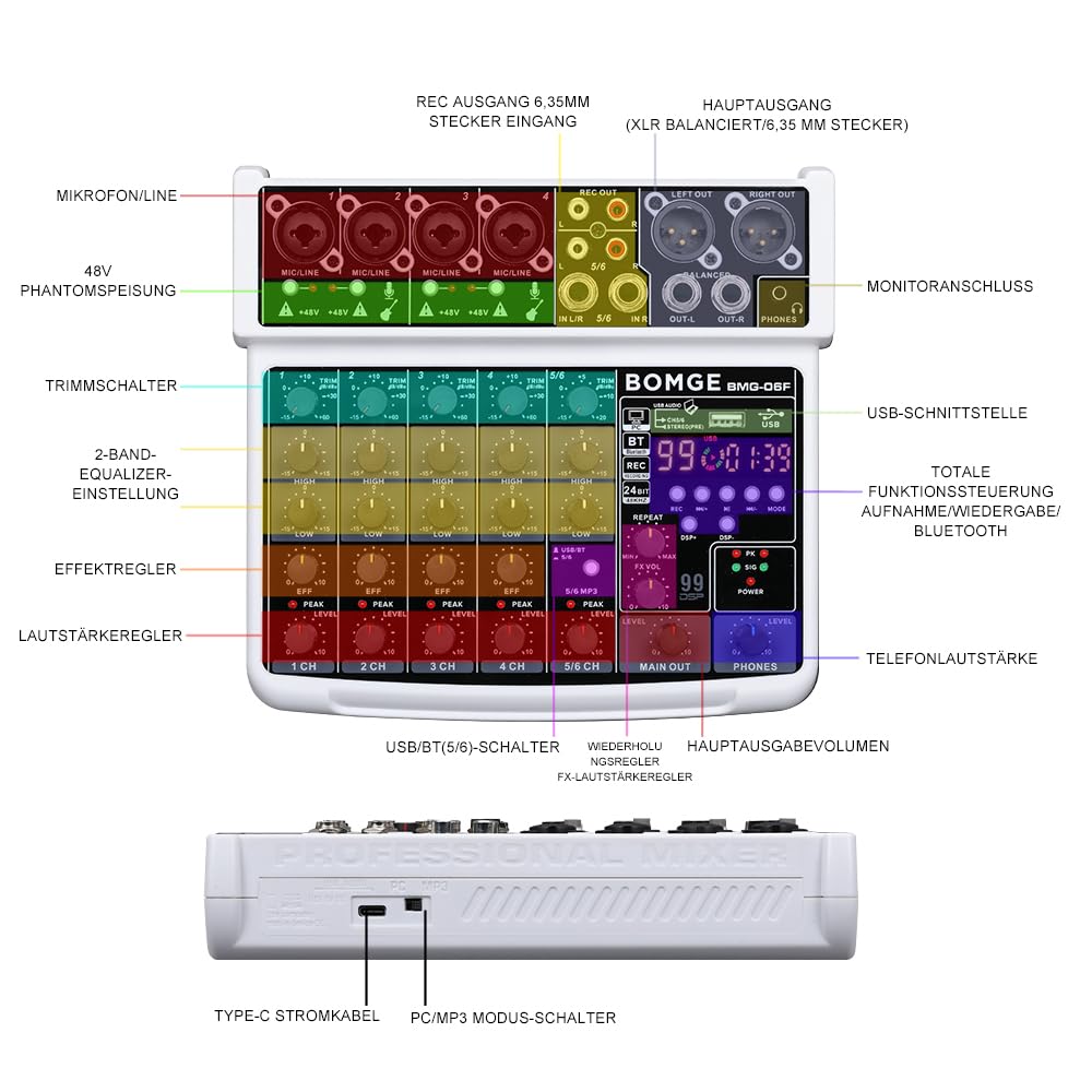 BOMGE 6 Channel mini DJ Audio sound mixer console with USB interface, Bluetooth, Stereo Recording, 48V Phantom Power, 99 DSP effects for karaoke, singing, live,streaming,pc recroding. (white)