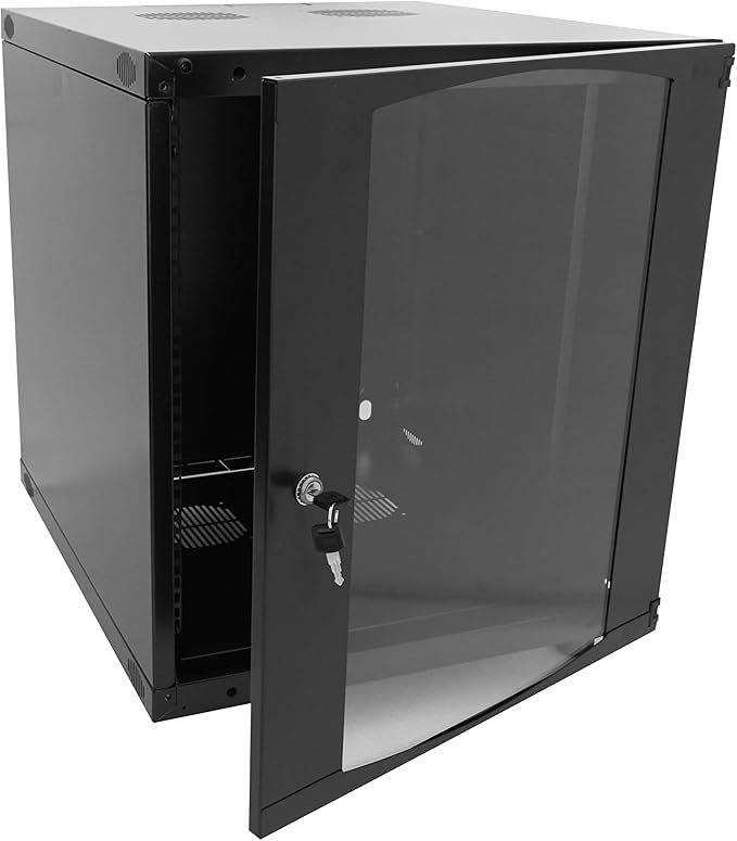 GlobalRack 9U Wall Mount Cabinet, Glass Door, Locking Casters, 2 Fans