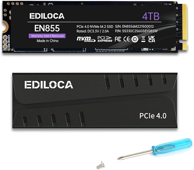 Ediloca 4TB PS5 SSD with Heatsink PCIe Gen4 NVMe M.2 Gaming SSD, 7400MB/s Read, 4GB DRAM Cache, 3D TLC | Internal Solid State Drive Compatible with PS5 & PC(EN855)