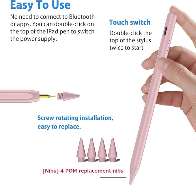 Stylus Pen for iPad 9th&10th - Fast Charge for iPad Pencil Palm Rejection Active Pen Compatible with (2018-2025) Apple iPad 6/7/8/9/10/11(A16), iPad Pro 11"/12.9"/M4, Mini 5/6, Air 3/4/5/M2/M3 (Pink)