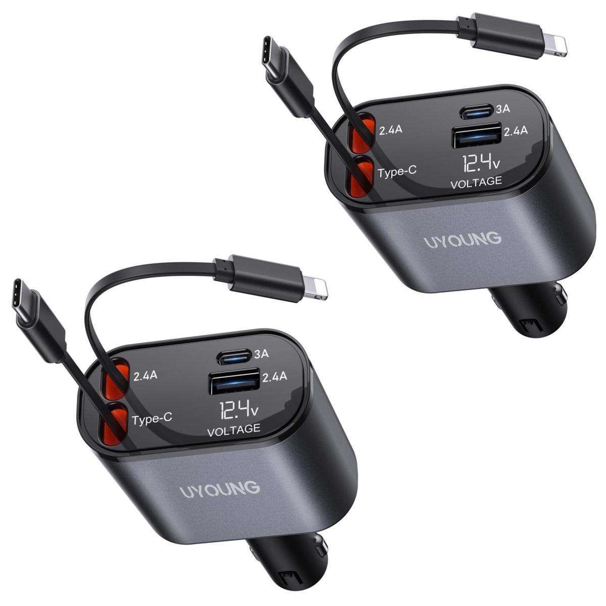 iPhone Car Charger, Retractable Fast Car Phone Charger 100w for CarPlay, 4 in 1 Car Charger Adapter with 2 Cables 31.5 Inch and 2 USB Ports, Compatible with iPhone 17/16/15/14/13/12/11 Pro/Samsung