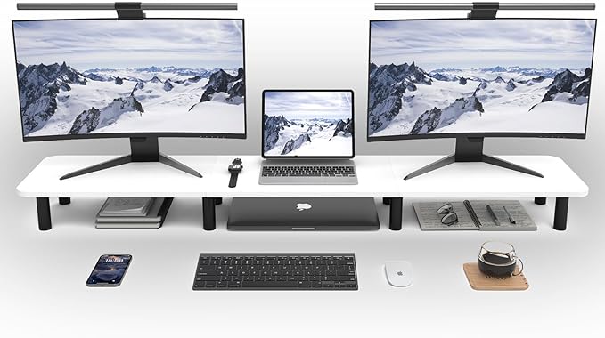 WEGASTU 43.7" Extra Long Dual Monitor Stand Riser, Wood & Steel Monitor Stand for 2 Monitors, Wide TV Stand, Desktop Riser for Desk Organization, Home Office,Laptop,Printer