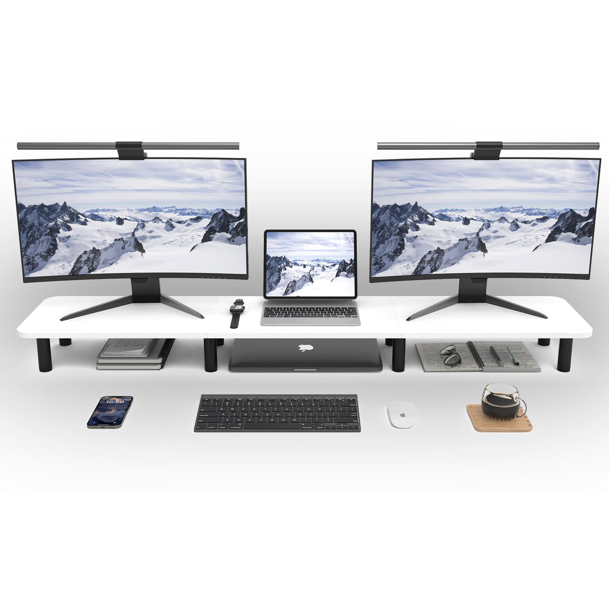 WEGASTU 43.7" Extra Long Dual Monitor Stand Riser, Wood & Steel Monitor Stand for 2 Monitors, Wide TV Stand, Desktop Riser for Desk Organization, Home Office,Laptop,Printer,TV (Black)