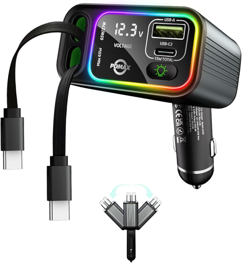 Retractable Car Charger USB C, 145W Max, Dual Cables, Voltage Display & LED