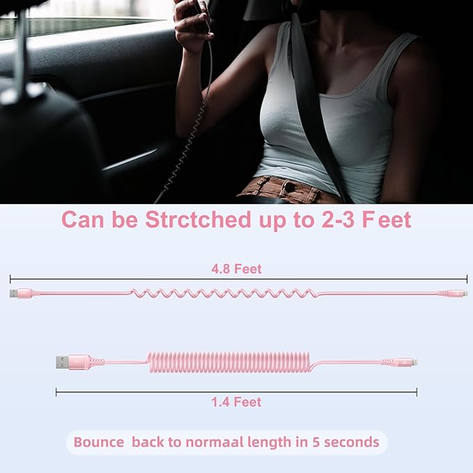 iPhone Charger Cable for Car 3FT, 2Pack Coiled Coiled Lightning Cable