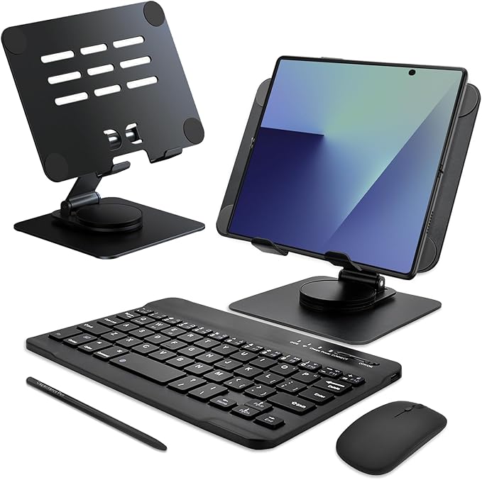 for Samsung Galaxy Z Fold 8 7 6 5 All Fold Smartphones Bluetooth Keyboard and Mouse Set, Portable Travel Keyboard Adjustable Foldable Aluminum Alloy Stand Holder with Pen for 4.7"-8.5" Mini Tablets
