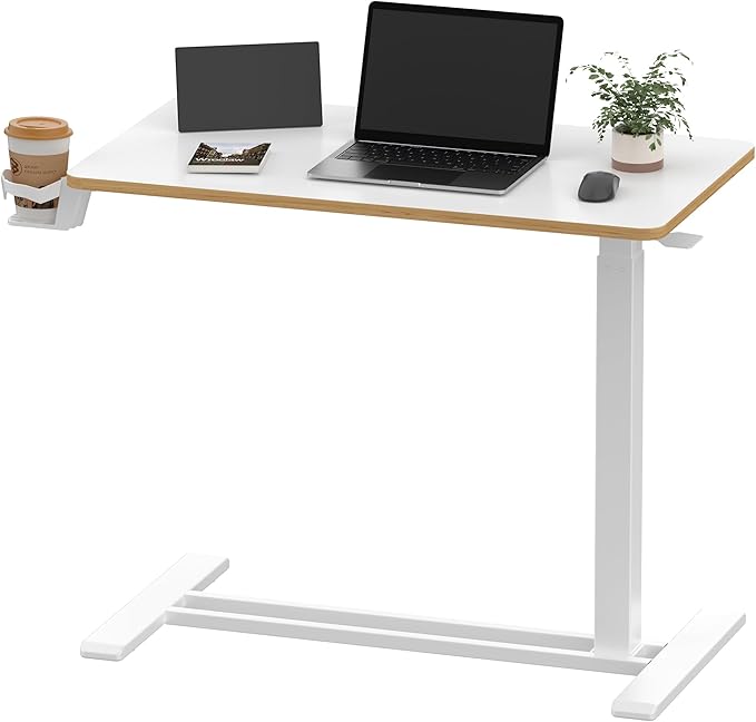SANODESK 24''Pneumatic Adjustable Overbed Bedside Table with Hidden Casters