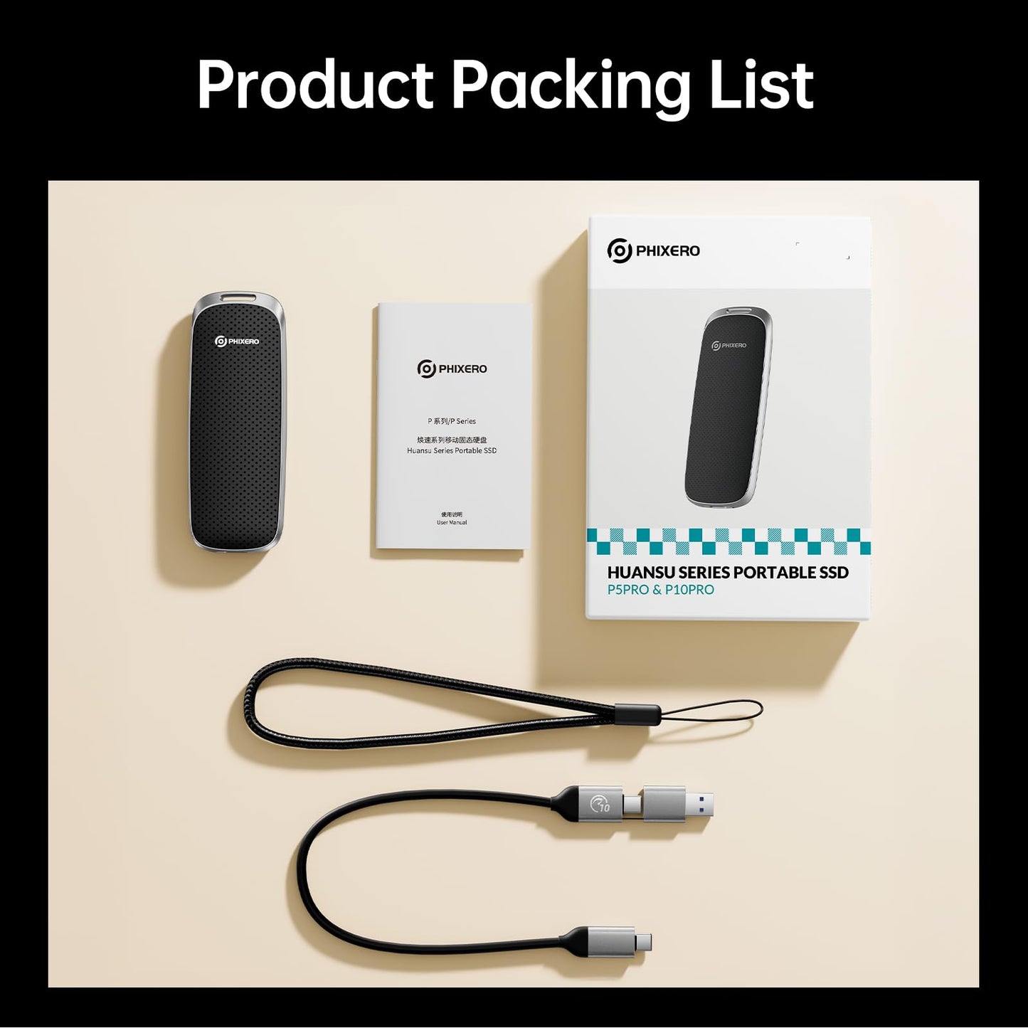 PHIXERO P10PRO External Hard Drive NVMe 1TB, Up to 1050MB/s, USB 3.2 Gen2, Includes 2-in-1 USB C Cable, Portable SSD for iPhone 15/16 PRO/Android/Mac, Black