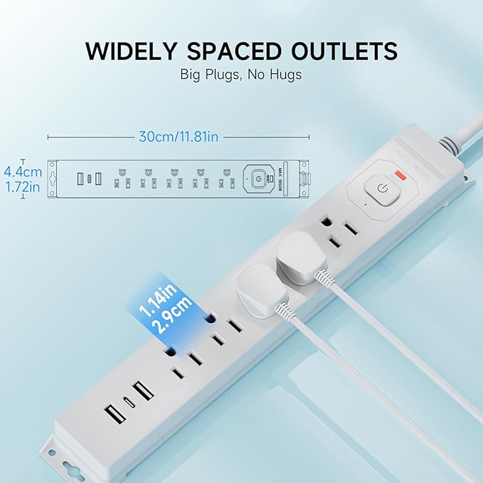 15 Ft Power Strip Surge Protector with USB Ports, Flat Plug Extension Cord, 5 AC Outlets and 3 USB Charging Ports, Wall Mountable, ETL Listed – White for Home, Office, Dorm